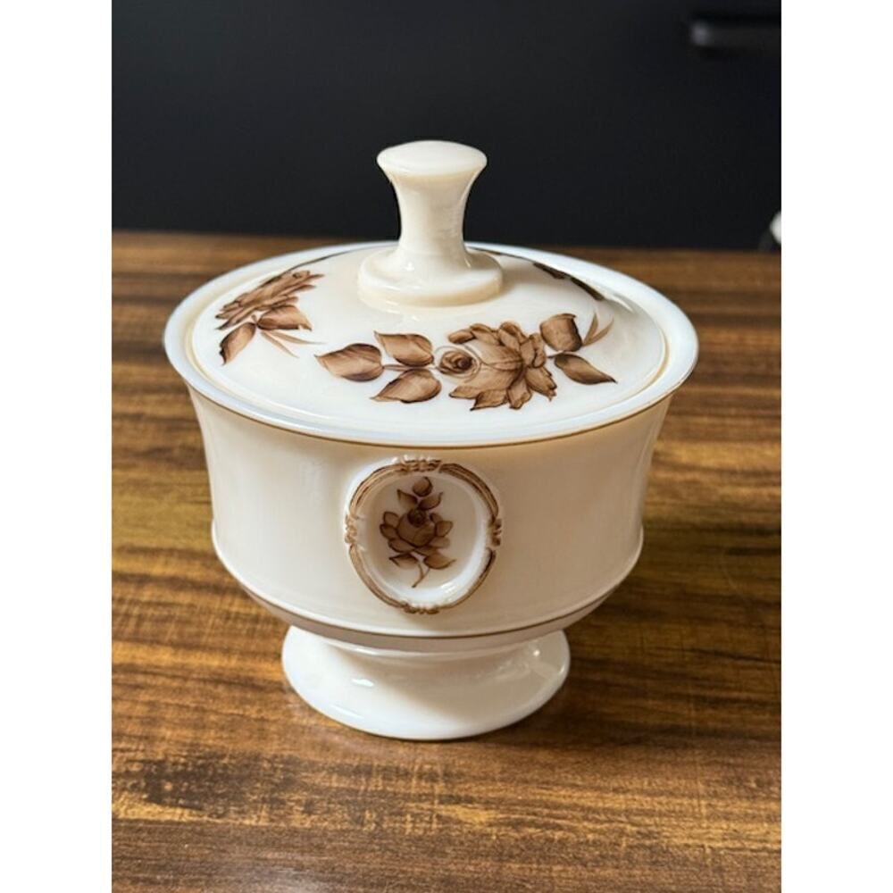 Vintage Westmoreland Almond Glass hand Painted Covered Candy Dish 5.5"